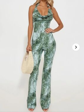 Fashion Nova Green Marble Halter Flare Jumpsuit